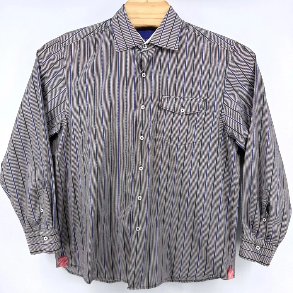 Tommy Bahama Button Down Shirt Large Blue Brown Stripe Cotton Long Sleeve T34463